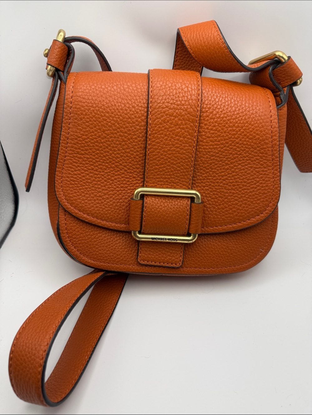 Michael Kors Orange Pebbled Leather Saddle Crossbody with Gold Hardware